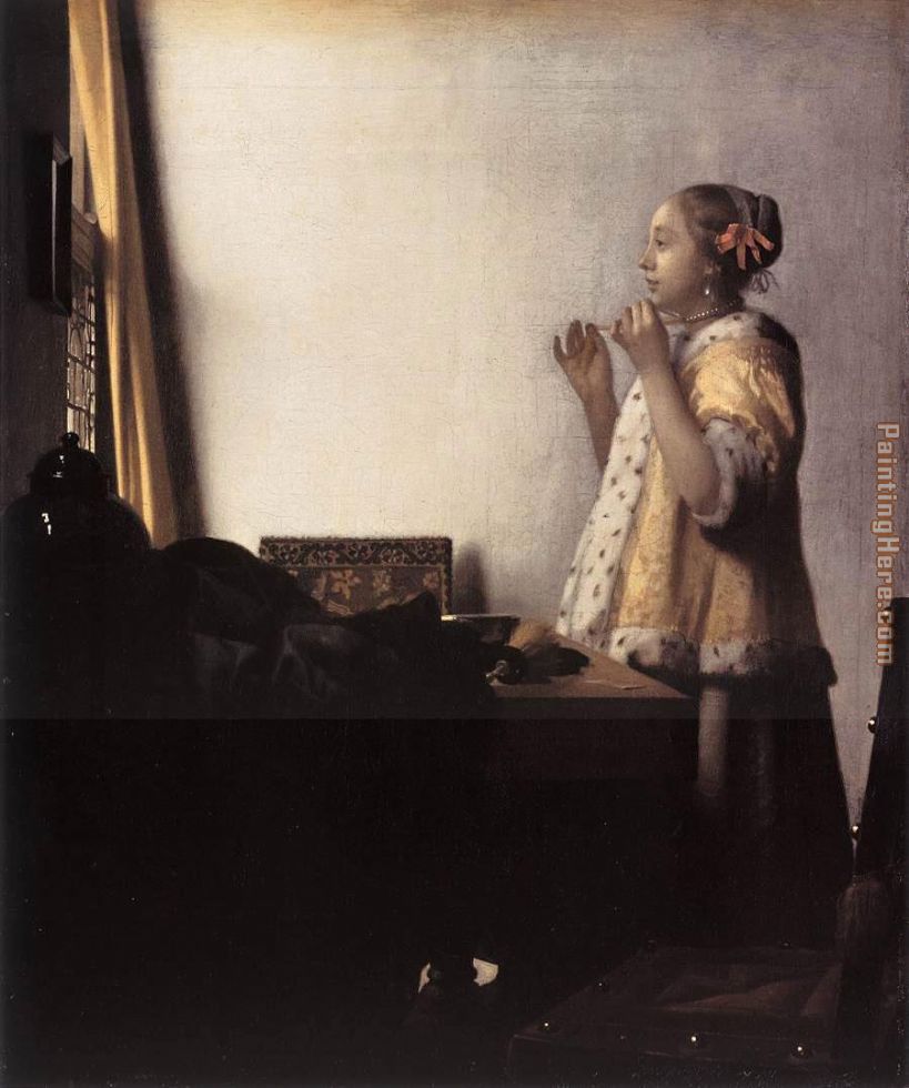 Woman with a Pearl Necklace painting - Johannes Vermeer Woman with a Pearl Necklace art painting